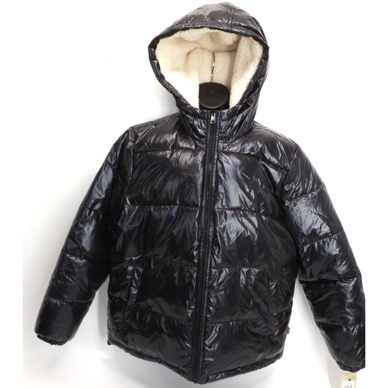 Levi's Performance Shiny Black Hooded Puffer Jacket Lined Hood - Women's L $180